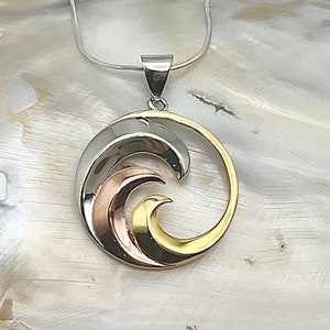 Large Sterling Silver Tricolor Tropical Hawaiian Wave Necklace, Wave Jewelry, Hawaiian Jewelry, Made In Hawaii, Nalu Ulino Nui No Lede