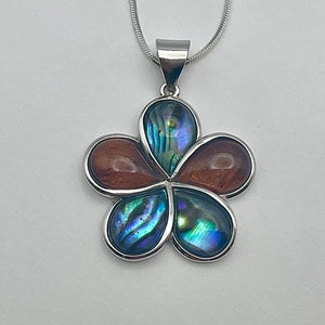 Large Sterling Silver Hawaiian Koa Wood Abalone  Plumeria Necklace, Plumeria Jewelry, Made in Hawaii, Big Island Jewelry, Pua Kupa Nani