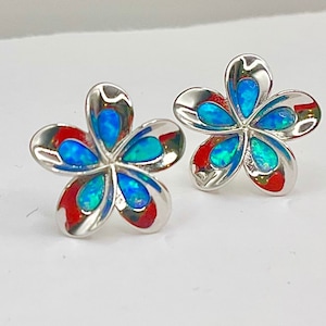 Sterling Silver Blue Opal Plumeria Post Earrings, Hawaii Jewelry, Plumeria Studs, Flower Earrings, Plumeria Jewelry, Made In Hawaii