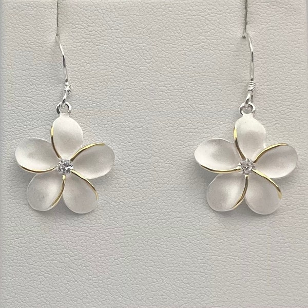 Large Flower Earrings, Sterling Silver Plumeria Earrings w/ 14K Gold Outline, Hawaiian Jewelry, Made In Hawaii, Frangipani Earrings