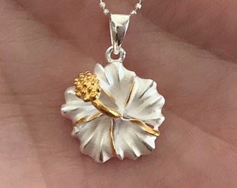 Small Sterling Silver w/ 14K Hawaiian Hibiscus Necklace, Flower Necklace, Hawaiian Jewelry, Made In Hawaii, Hibiscus, Pua gula alohilohi