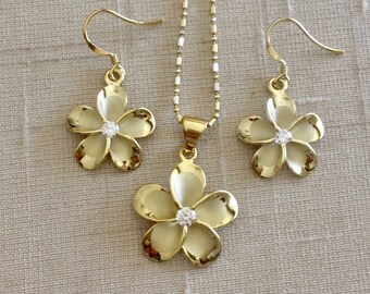 Sterling Silver Gold Plumeria Pendant, Plumeria Earrings, Plumeria jewelry, Hawaiian Jewelry, Gold Flower, Made In Hawaii, Plumeria