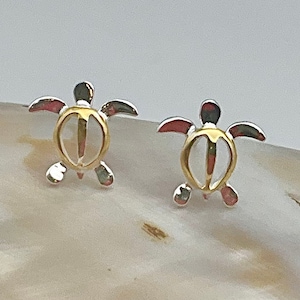 Sterling Silver with 14K Gold Sea Turtle Honu Hawaiian Small Stud Earrings, Turtle Earrings, Sea Turtle Posts, Honu Earrings, Made in Hawaii