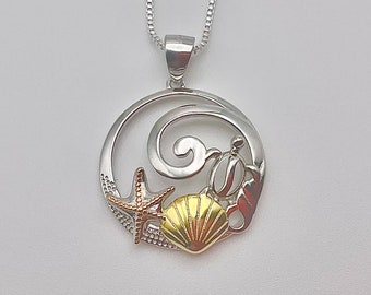 Sterling Silver w/ Gold and Rose Accents Wave Sea Life Hawaiian Necklace, Wave Jewelry, Hawaiian jewelry, Nalu ʻālohilohi, Made In Hawaii
