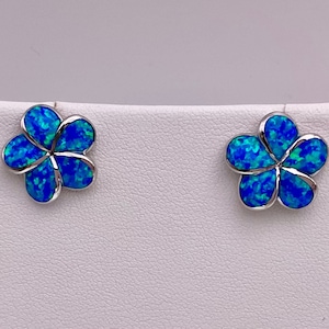Blue Opal Sterling Silver Hawaiian Plumeria Floral Studs, Opal Studs, Hawaiian Earrings, Plumeria Earrings, Hawaiian jewelry, Made In Hawaii