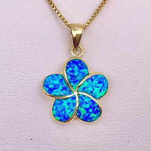 Sterling Silver w/ 14K Gold Opal Plumeria Flower Hawaiian Necklace, Plumeria Pendant, Gold Plumeria, Flower Jewelry, Made In Hawaii