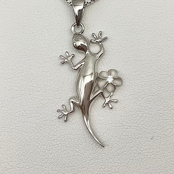 Sterling Silver Hawaiian Gecko Lizard Plumeria Flower Cubic Zirconia Necklace, Plumeria Jewelry, Made In Hawaii, Moʻo ʻālohilohi No Lede