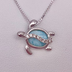 Sterling Silver Larimar Hawaiian Sea Turtle Cubic Zirconia Necklace, Larimar jewelry, Hawaiian jewelry, Made In Hawaii, Nani Honu Uila