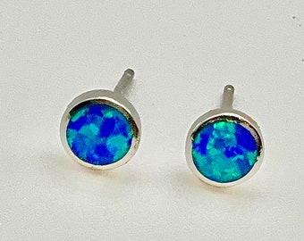 Sterling Silver Hawaiian Small Blue Fire Opal Stud Earrings, Round Studs, Blue Opal, Blue Opal Earrings, Made In Hawaii, Nā apo pepeiao Opal