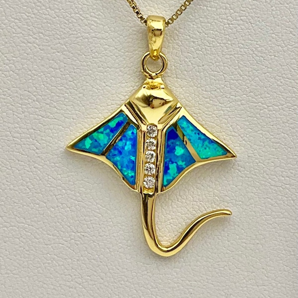 Sterling Silver w/ 14K Blue Opal Hawaiian Cubic Zirconia Stingray Necklace, Opal Jewelry, Hawaiian Jewelry, Beach Jewelry, Made In Hawaii