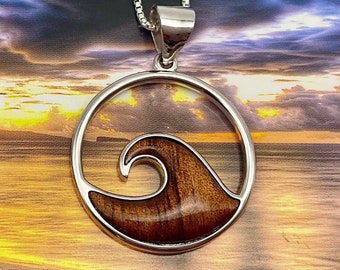 Sterling Silver Hawaiian Koa Wood Ocean Wave Necklace, Wood Jewelry, Hawaii Jewelry, Made in Hawaii, Tropical Necklace, Nalu Heenalu Nani