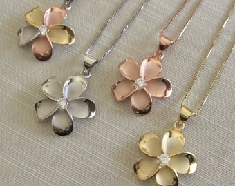 Sterling Silver Plumeria Necklace, Gold Plumeria, Flower Jewelry