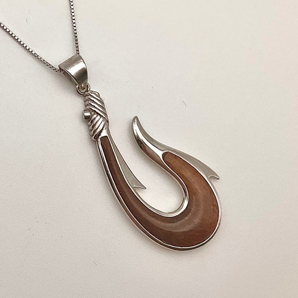 Large Sterling Silver Hawaiian Koa Wood Hook La’au Makau Necklace, Hook Pendant, Gifts for Men, Hawaii Jewelry, Made In Hawaii, Mens Jewelry