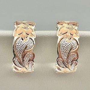 Sterling Silver w/ Rose Gold Hawaiian Heirloom Engraved Earrings, Hoop Earrings, Made in Hawaii, Na apo pepeiao no ke Kamāliʻiwahine