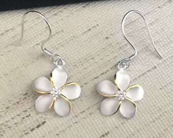 Orecchini A Gancio In Argento 925 Con Fiore Plumeria E Conchiglia Abalone Paua