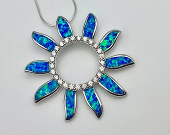 Extremely Large Sterling Silver Hawaiian Sun Blue Fire Opal Necklace, Celestial Jewelry, Statment jewelry, Made In Hawaii, Lā Nui No Lede