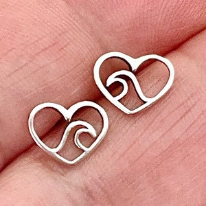 Small & Tiny Sterling Silver Hawaiian Wave Heart Stud Post Earrings, Hawaiian Jewelry, Hawaiian Earrings, Made In Hawaii, Wave Jewelry