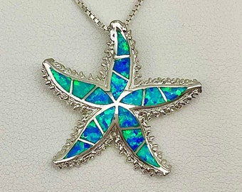 Sterling Silver Fire Blue Opal Starfish Hawaiian Necklace, Starfish Jewelry, Made In Hawaii, Opal Starfish, Na Hoku Nani Nui No Lede