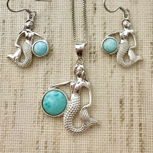 Sterling Silver Larimar Mermaid Jewelry Set, Mermaid Necklace, Mermaid Earrings, Hawaiian Jewelry, Sealife Jewelry, Made in Hawaii
