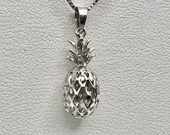 14K Pineapple Necklace, White Gold Pineapple Pendant, Tropical Jewelry, Pineapple Jewelry, Pineapple Necklace, Made In Hawaii, Lei lei paina