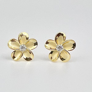 Sterling Silver w/ 14K Gold Hawaiian Plumeria Flower Stud Earrings, Gold Flower Earrings, Plumeria Jewelry, Hawaii Jewelry, Made In Hawaii