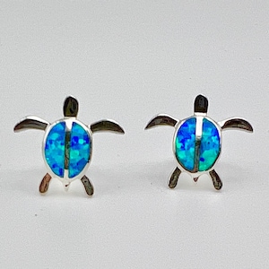 Sterling Silver Hawaiian Blue Fire Opal Sea Turtle Stud Post Earrings, Opal Jewelry, Turtle Jewelry, Made In Hawaii, Summer Jewelry, Turtle