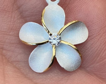 Sterling Silver Hawaiian Plumeria Flower Necklace With 18K Accent, Frangipani Pendant Jewelry, Made In Hawaii, Tropical Floral Gift for Her