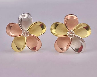 Rose Gold Plated Sterling Silver 925 Hawaiian Plumeria Flower Earrings – Cubic Zirconia, 10mm