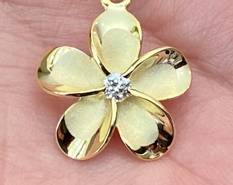 Sterling Silver W/ 14K Gold Hawaiian Plumeria Flower Necklace, Gold Plumeria, Flower Pendant, Frangipani Jewelry, Made In Hawaii, Plumeria