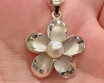 Sterling Silver Plumeria Pendant  w/ Genuine Freshwater Pearl, Hawaiian necklace, Plumeria jewelry, Hawaiian jewelry, Flower Necklace, Gifts