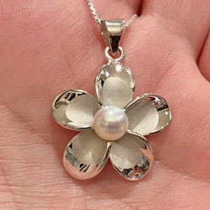 Sterling Silver Plumeria Pendant  w/ Genuine Freshwater Pearl, Hawaiian necklace, Plumeria jewelry, Hawaiian jewelry, Flower Necklace, Gifts