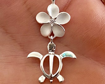 Sterling Silver Sea Turtle Hawaiian Plumeria Flower Necklace, Aloha Jewelry, Plumeria Jewelry, Made In Hawaii, Honu Jewelry