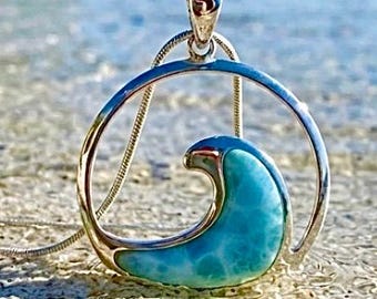 Sterling Silver Larimar Hawaiian Wave Necklace, Ocean Wave Pendant, Made In Hawaii, Beach Jewelry, Larimar Necklace, Free Snake Chain