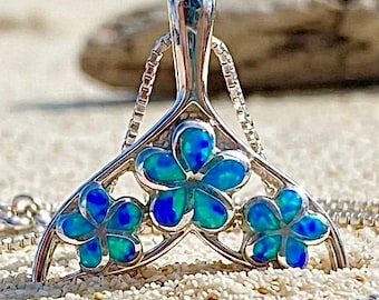 Blue Opal Sterling Silver Hawaiian Blue Fire Opal Plumeria Whale Tail Necklace with Free Box Chain up to 20”