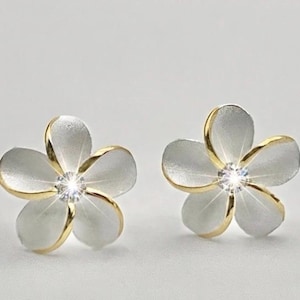 Sterling Silver W/ 18K Gold Pua Melia Earrings, Plumeria Studs, Hawaiian Studs, Flower Earrings, Hawaiian Earrings, Made In Hawaii, Gifts