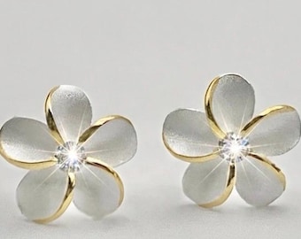 Sterling Silver W/ 18K Gold Pua Melia Earrings, Plumeria Studs, Hawaiian Studs, Flower Earrings, Hawaiian Earrings, Made In Hawaii, Gifts