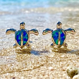 Small Sterling Silver Hawaiian Blue Fire Opal Sea Turtle Honu Stud Post Earrings