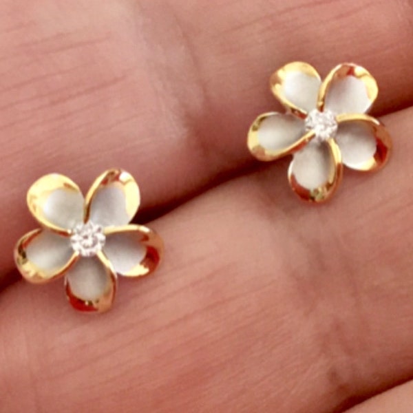 Plumeria Studs, Sterling Silver W/ 14K Gold Pua Melia Earrings, Hawaiian Studs, Flower Earrings, Hawaiian Earrings, Made In Hawaii, Gifts