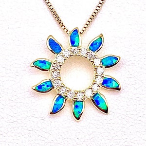 Sterling Silver w/ 14K Gold Hawaiian Sun Blue Fire Opal Cubic Zirconia Necklace, Made In Hawaii, Tropical Jewelry, Nani ka La gula