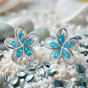 Sterling Silver Blue Opal Plumeria Earrings, Hawaiian Flower Studs, Made In Hawaii
