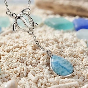 Sterling Silver Larimar turtle Adjustable Necklace, Honu Necklace, Larimar jewelry, Made In Hawaii