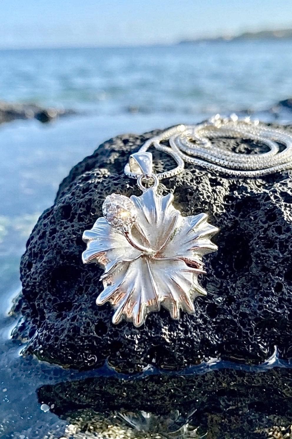 Sterling Silver Hibiscus Necklace, Rhodium Plated, CZ Stem, Made
