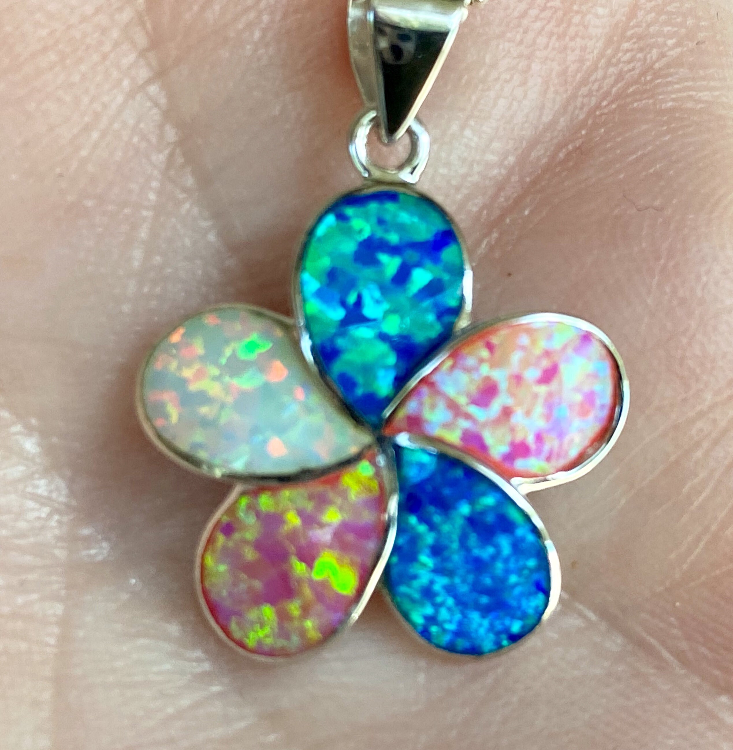Sterling Silver Multicolor Lab Opal Hawaiian Plumeria Necklace