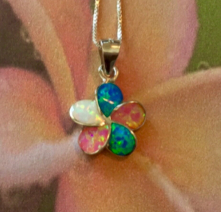 Small Sterling Silver Rhodium Multicolor Opal Plumeria Flower