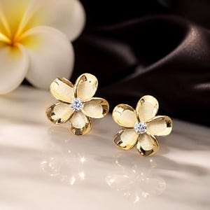 Small Sterling Silver w/ 14K Gold Hawaiian Plumeria Flower Stud Earrings, Flower Earrings, Hawaii Jewelry, Plumeria Jewelry, Made In Hawaii