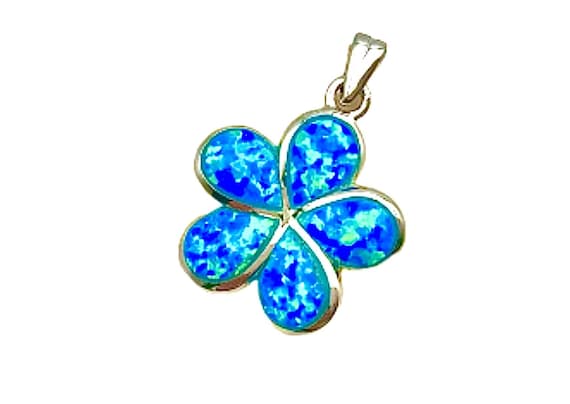 Sterling Silver Blue Fire Opal Plumeria Necklace, Hawaiian Floral