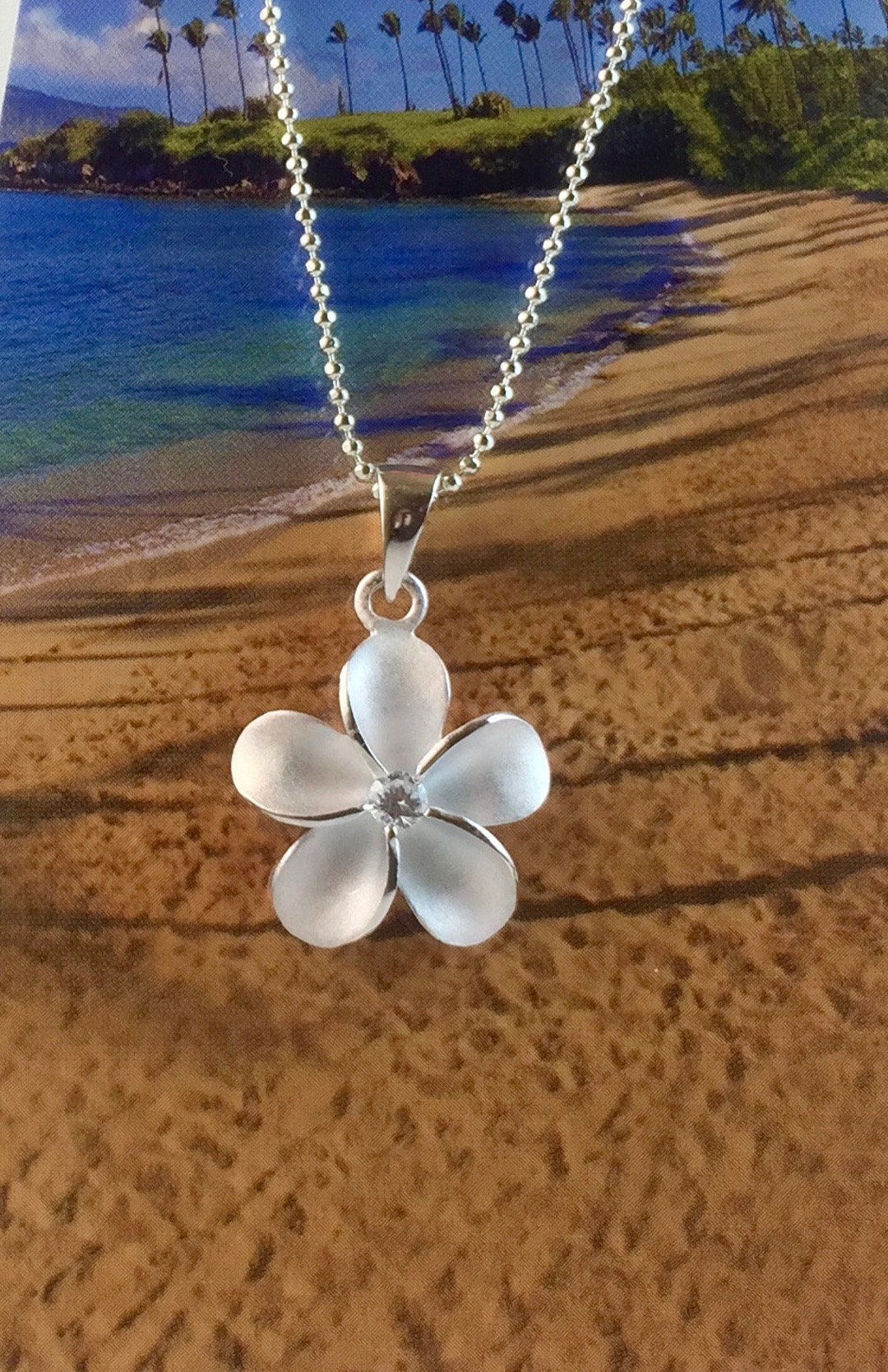 Sterling Silver Hawaiian Plumeria Flower Cubic Zirconia Necklace