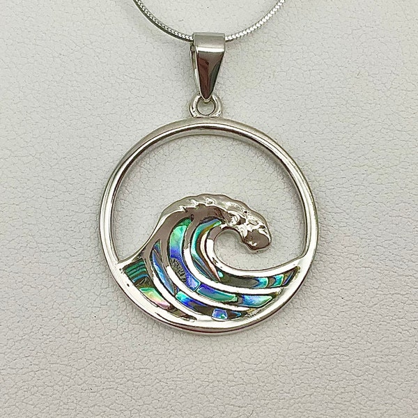 Sterling Silver Abalone Hawaiian Wave Necklace, Abalone Jewelry, Wave Jewelry, Abalone Pendant, Sterling Beach Wave, Made In Hawaii, Wave