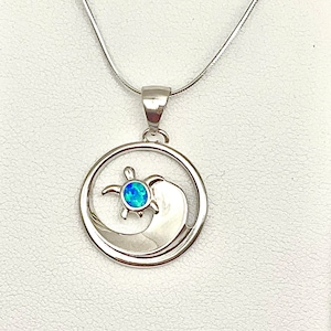 Sterling Silver Hawaiian Wave Sea Turtle Honu Necklace, Opal Jewelry, Blue Opal, Green Opal, Turtle Jewelry, Wave Jewelry, Made In Hawaii