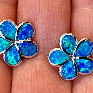 Small Sterling Silver Blue Opal Plumeria Studs, Hawaii Jewelry, Hawaiian Earrings, Plumeria Earrings, Plumeria Jewelry, Made In Hawaii